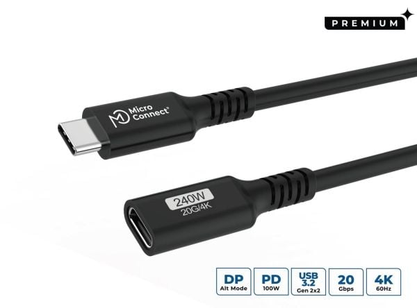 MicroConnect Premium - USB-forlengelseskabel - USB-C (hunn) til USB-C (hann) - USB 3.2 Gen 2x2 - 20 V - 5 A - 15 cm - USB Power Delivery (240 W), u...