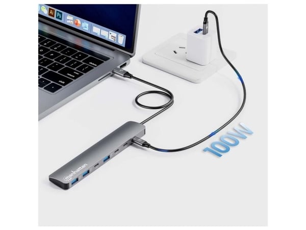 Manhattan 181167, Koblet med ledninger (ikke trådløs), USB 3.2 Gen 2 (3.1 Gen 2) Type-C, 100 W, Grå, Space Grey, Aluminium