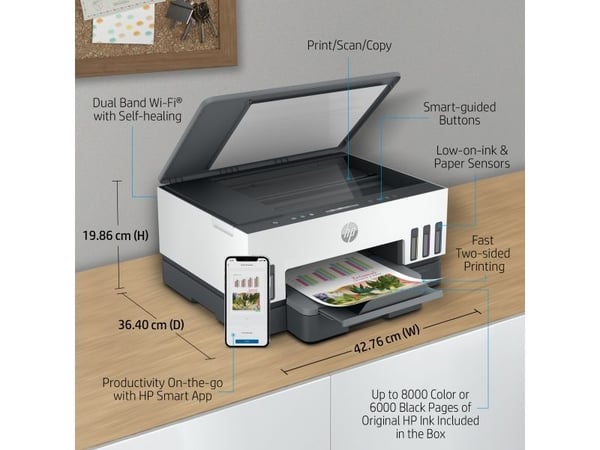 HP Smart Tank Tank Skriver, Termisk blekk-dyse, Fargeutskrift, 4800 x 1200 DPI, A4, Direkte utskrift, Hvit, Grå