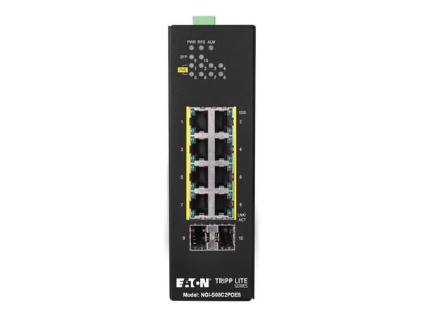 Eaton Tripp Lite series 8-Port Lite Managed Industrial Gigabit Ethernet Switch - 10/100/1000 Mbps, PoE+ 30W, 2 GbE SFP Slots, -10° to 60°C, DIN Mou...
