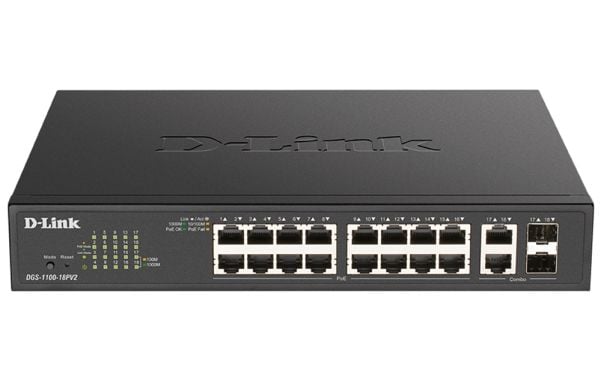 D-Link DGS 1100-18PV2 - Switch - smart - 16 x 10/100/1000 (PoE+) + 2 x kombo-Gigabit SFP - rackmonterbar - PoE+ (130 W)