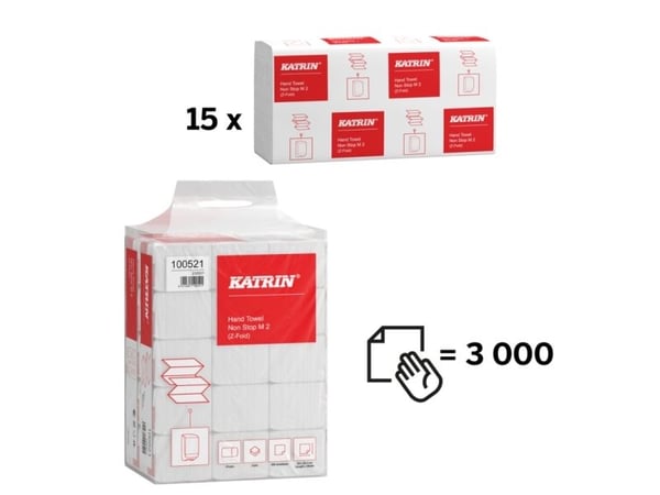 Handdukar Katrin Non-Stop Z-Fold 2-lagers L24xB20,3xD8cm Ny fiber Vit - (15 förpackningar x 200 ark/kartong)