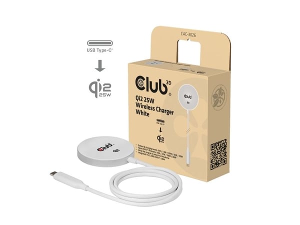 CLUB3D CAC-3026, Innendørs, USB, Trådløs lading, 1 m, Hvit