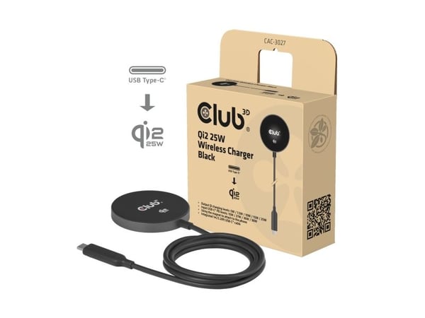 CLUB3D CAC-3027, Innendørs, DC, Trådløs lading, 1 m, Svart