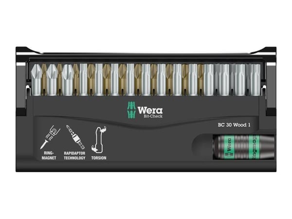 Wera Bit-Check 30 Wood 1 - Spissett for skrutrekker - 30 deler - phillips, pozidriv, torx - heksagonal - lengde: 25 mm