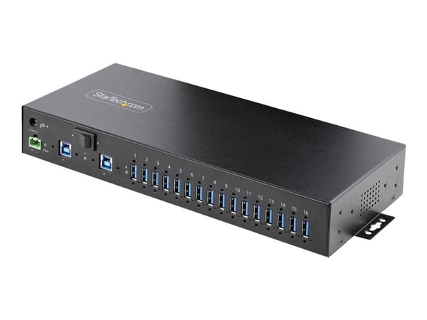 Startech 16-Port Industrial USB 3.0 Hub 5Gbps, Metal, DIN/Surface/Rack Mountable, ESD Protection, Terminal Block Power, up to 120W Shared USB Charg...