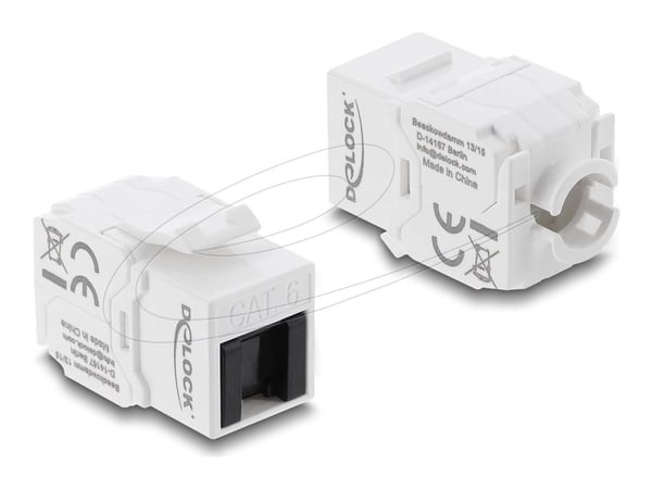 Delock Keystone-modul RJ45 hunn til LSA Cat.6 UTP uten verktøy med støvdeksel hvit / svart