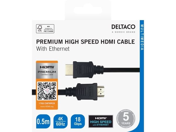 DELTACO - Premium High Speed - HDMI-kabel med Ethernet - HDMI hann til HDMI hann - 50 cm - svart - 4K 60Hz støtte, up to 18 Gbps data transfer rate...