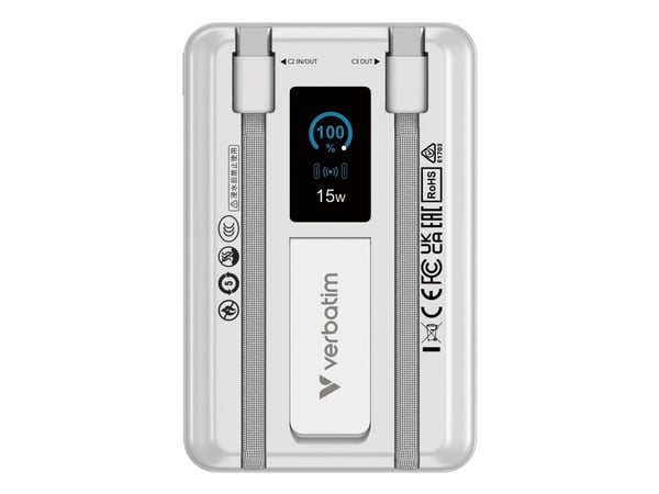 Verbatim Charge 'n' Go - Trådløs nødlader - magnetic, two cable, with display - 10000 mAh - 38.5 Wh - 22.5 watt - 3 A - PD 3.0, Fast Charge, Apple ...
