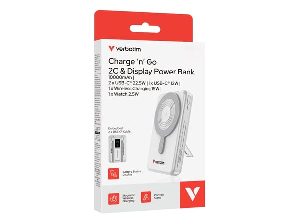Verbatim Charge 'n' Go - Trådløs nødlader - magnetic, two cable, with display - 10000 mAh - 38.5 Wh - 22.5 watt - 3 A - PD 3.0, Fast Charge, Apple ...