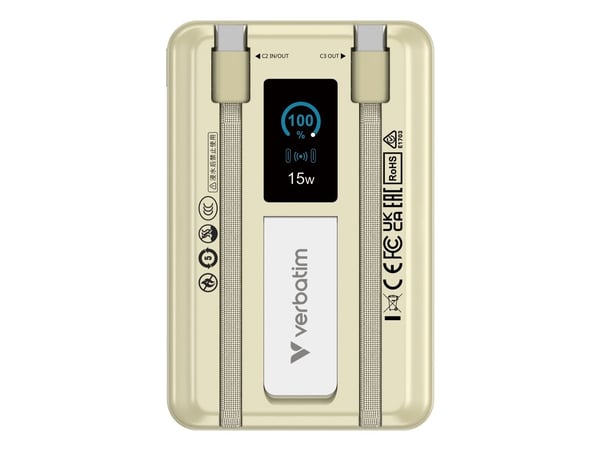 Verbatim Charge 'n' Go - Trådløs nødlader - magnetic, two cable, with display - 10000 mAh - 38.5 Wh - 22.5 watt - 3 A - PD 3.0, Fast Charge, Apple ...