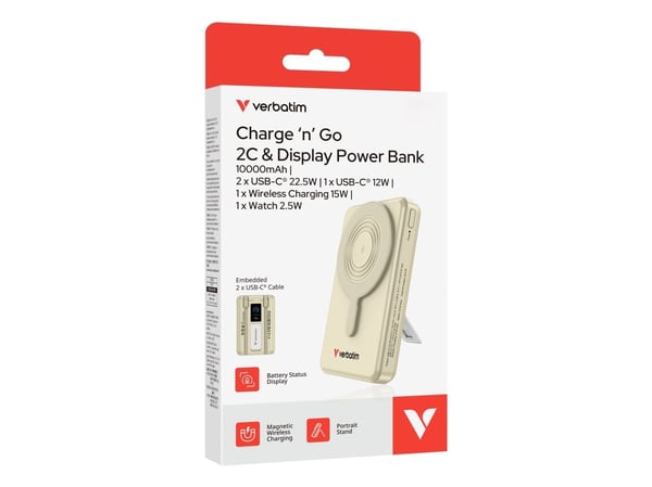 Verbatim Charge 'n' Go - Trådløs nødlader - magnetic, two cable, with display - 10000 mAh - 38.5 Wh - 22.5 watt - 3 A - PD 3.0, Fast Charge, Apple ...