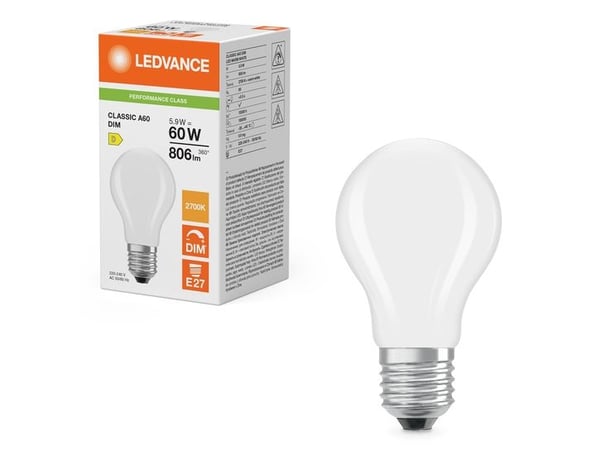 Osram LED CLASSIC A DIM P, 5,9 W, 60 W, E27, 806 lm, 15000 h, Varm hvit