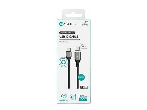 eSTUFF INFINITE - USB-kabel - USB-C (hann) rett til USB-C (hann) magnetisk - USB 2.0 - 2 m - 100 % resirkulert plast, USB-C Power Delivery (100W) -...