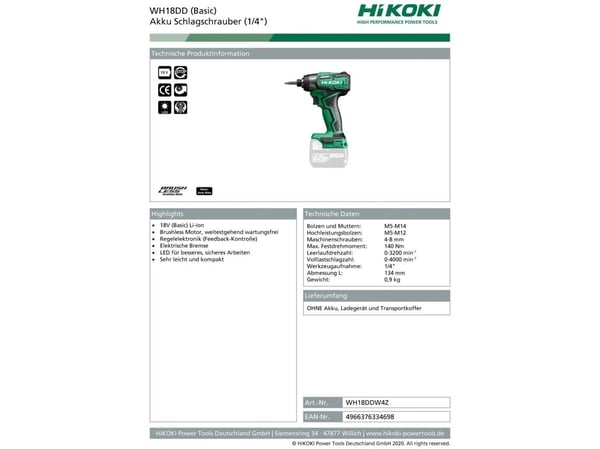 HIKOKI 18V ACTUATOR WH18DD W4Z 140Nm BL