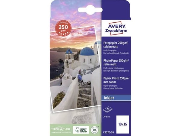 Avery C2570-20, Sateng-matt, 250 g/m², Blekkdyse, 10x15 cm, Hvit, 20 ark