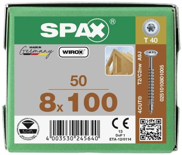 SPAX 251010801005 Tallerkenskruer 8 mm 100 mm T-profil Stål Hærdet 50 stk