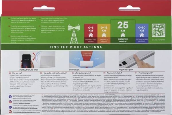 One For All SV 9386 5G, Innendørs, Hvit, DVB-T, DVB-T2, UHF, 280 mm, 48 mm