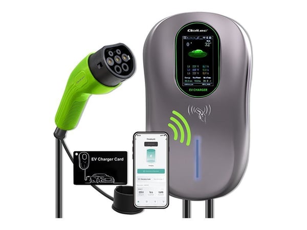 Qoltec - EV-ladestasjon - 2-in-1, Wi-Fi, LCD, RFID, 3 phases, wallbox - 22 kW - 32 A (IEC 62196 Type 2) - svart, grønn
