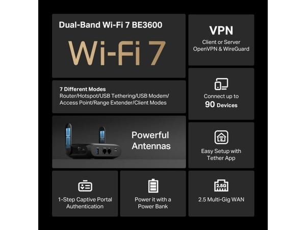 TP-Link BE3600 Wi-Fi 7, Wi-Fi 7 (802.11be), Dobbelbånd (2.4 GHz / 5 GHz), Ethernet/bredbåndsforbindelse, Svart, Bærbar Router