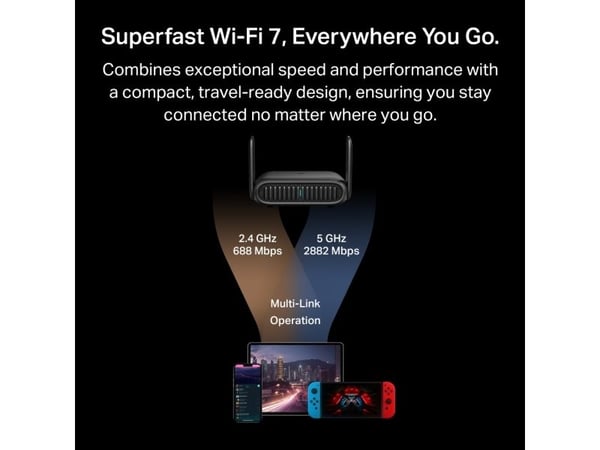 TP-Link BE3600 Wi-Fi 7, Wi-Fi 7 (802.11be), Dobbelbånd (2.4 GHz / 5 GHz), Ethernet/bredbåndsforbindelse, Svart, Bærbar Router