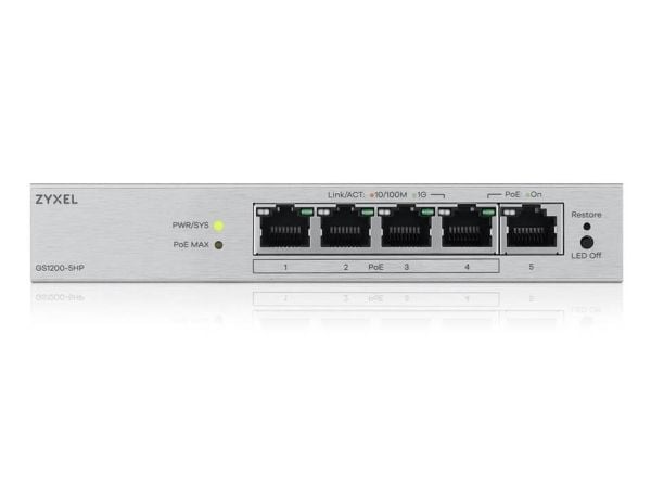 Zyxel GS1200v3 Series GS1200-5HPv3 - Switch - Styrt - 5 x 10/100/1000 - stasjonær - PoE+ (68 W)