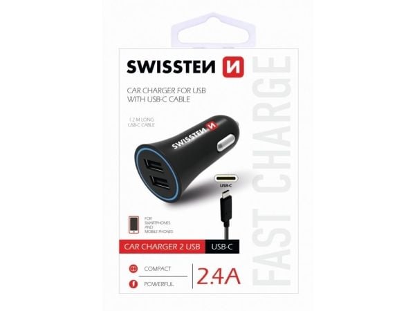 Autolaturi 2.4a 2x USB + USB-C Swissten kaapeli