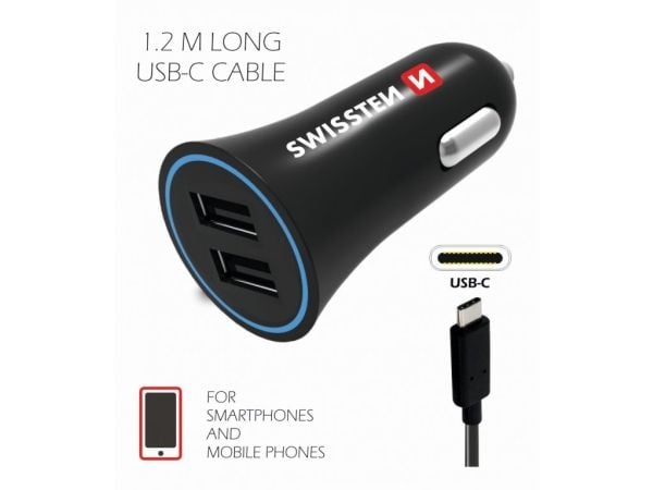 Autolaturi 2.4a 2x USB + USB-C Swissten kaapeli