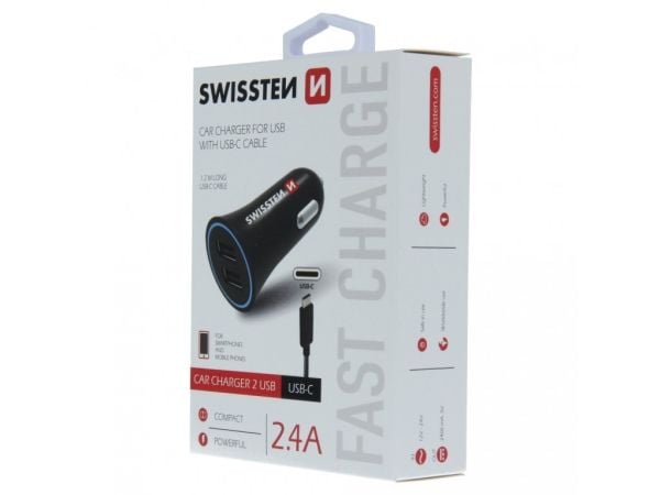 Autolaturi 2.4a 2x USB + USB-C Swissten kaapeli