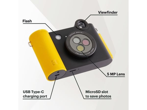 Kodak Smile+, 50,8 x 76,2 mm, musta, Keltainen, Suodatin, MicroSD (TransFlash), 5 MP, Auto