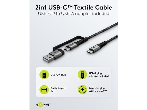Goobay 70277, 1 m, USB C, USB C, USB 2.0, 0,48 Gbit/sek, svart, grå