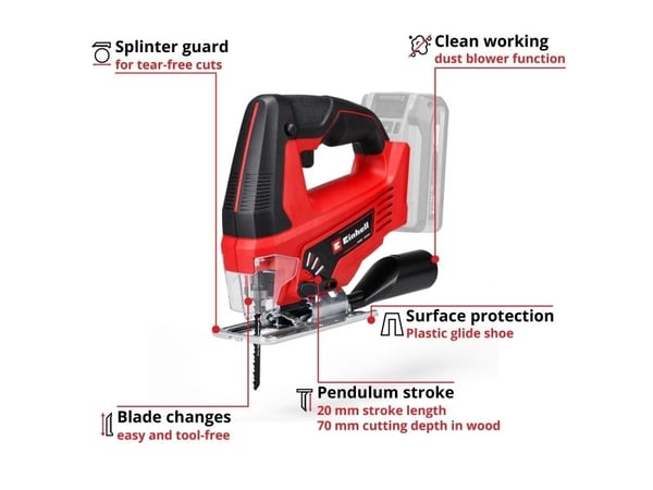 Einhell TC-JS 18 Li, Toppgrep, Svart, Rød, 45°, 45°, Plast, Stål, Tre, Aluminium - SOLO