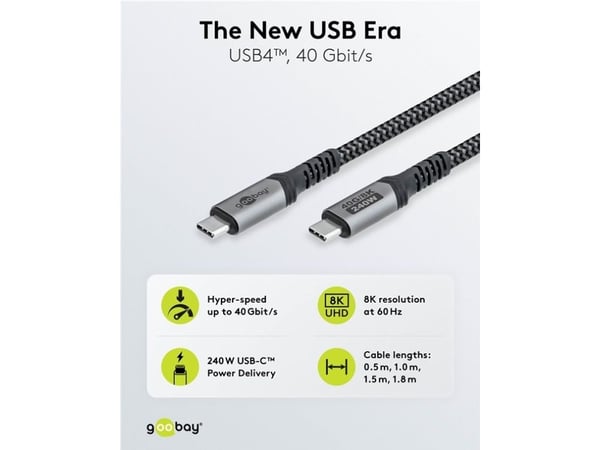 Goobay 74212, 1,5 m, USB C, USB C, 40 Gbit/s, musta, Harmaa