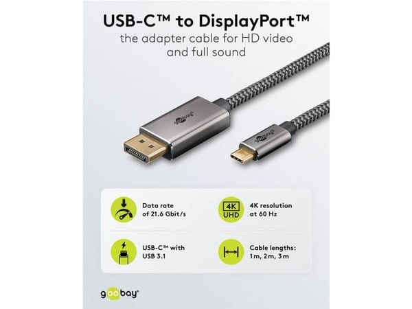 Goobay 75708, 2 m, USB Type-C, DisplayPort, Hanstik, Hanstik, Hanstik, Lige