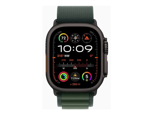 Apple Watch Ultra 2 - 49 mm - svart titan - smartklokke med Alpine Loop - tekstil - mørkegrønn - båndbredde: L - 64 GB - LTE, Wi-Fi 4, UWB, Bluetoo...