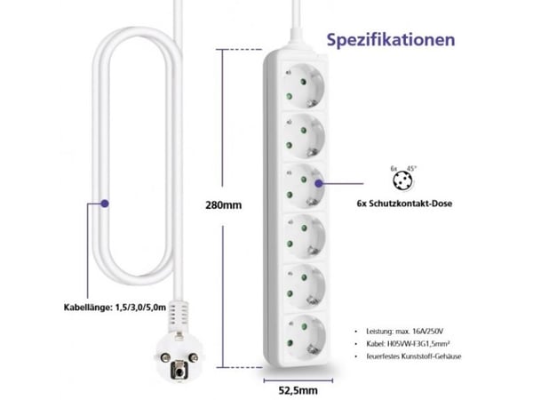 Helos 262794, 3 m, Sisätila, 1,5 mm², Valkoinen, 6 AC-pistorasia(a), 230 V