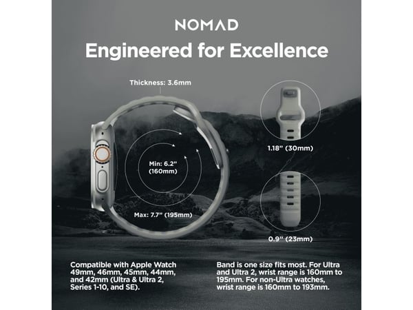 Nomad Sport Band, Band, Smartklokke, Grå, Apple, Ultra / 46mm, Gummi