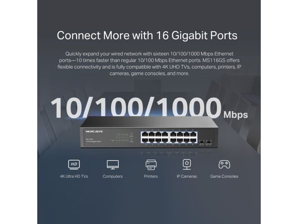 Mercusys MS116GS, Gigabit Ethernet (10/100/1000), Rack-montering