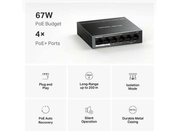 Mercusys MS106P, Uhåndtert, Fast Ethernet (10/100), Full tosidig, Strøm over Ethernet (PoE), Skrivebords-/veggmontering