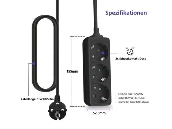Helos pistorasia CLASSIC, 3-suuntainen, musta, 3,0m, ilman kytkintä