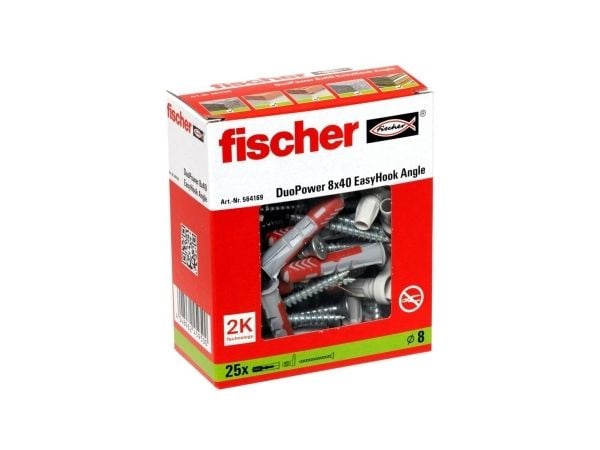Fischer 564169, Kit med skruvkrok och väggplugg, Autoklaverad lättbetong, Tegel, Betong, Gipsskiva, Gipsskivor, Plast, Grå, Röd, Torx, TX20