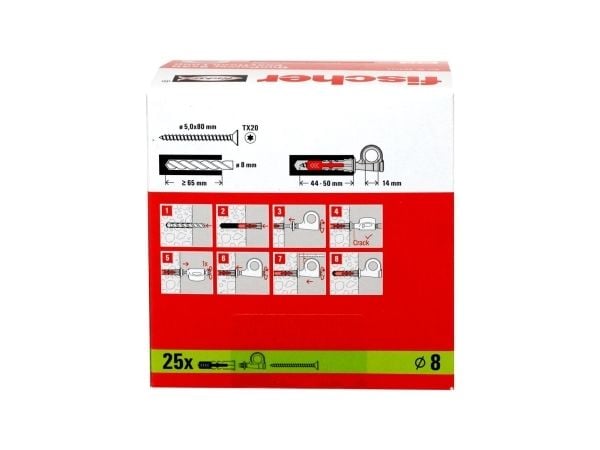 Fischer 564169, Kit med skruvkrok och väggplugg, Autoklaverad lättbetong, Tegel, Betong, Gipsskiva, Gipsskivor, Plast, Grå, Röd, Torx, TX20