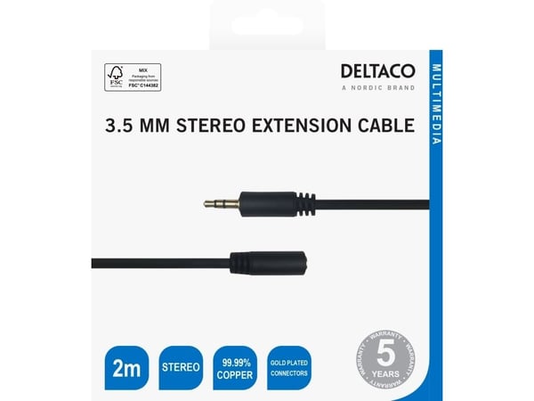DELTACO - Lydforlengelseskabel - 3,5 mm telefonjakk hunn til 3,5 mm telefonjakk hann - 2 m - svart