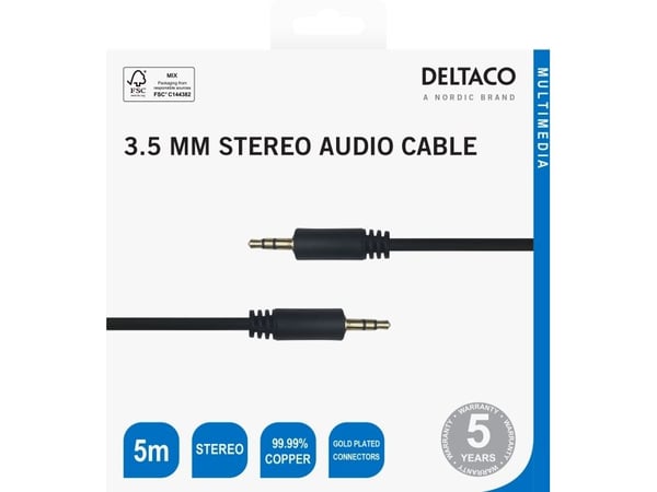DELTACO - Lydkabel - 3,5 mm stereo hann til 3,5 mm stereo hann - 5 m - svart