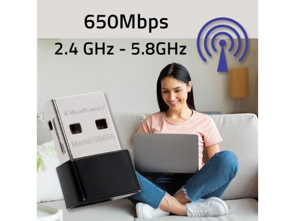 Qoltec - Nettverksadapter - USB 2.0 - Wi-Fi 5 - svart