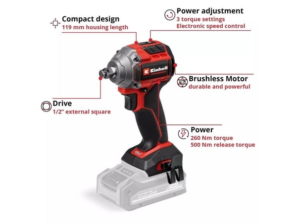 Einhell TP-CW 18/260-C, Slagtrekker, Pistolhåndtak, 1/2", Rød, Børsteløs, 2700 RPM - SOLO
