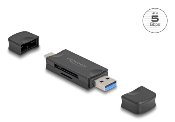 Delock kortinlukija USB 5 Gbps USB Type-C / Type-A SD- ja Micro SD-muistikortteihin musta