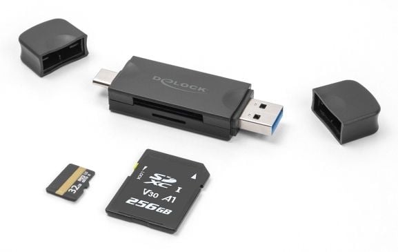 Delock kortinlukija USB 5 Gbps USB Type-C / Type-A SD- ja Micro SD-muistikortteihin musta