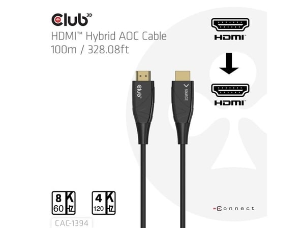 Club 3D - Ultra High Speed - HDMI-kabel - HDMI hann til HDMI hann - 100 m - skjermet/fiberoptisk - svart - aktiv optisk hybridkabel, 8 K 60 Hz (768...