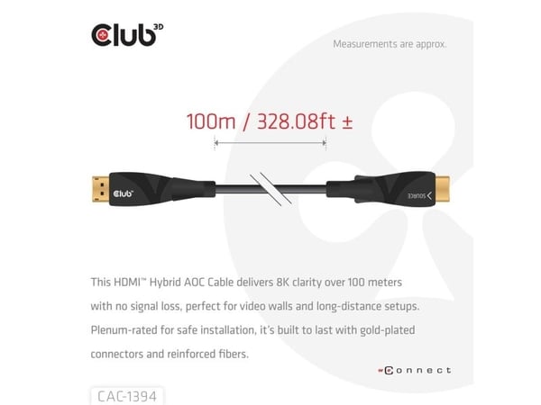 Club 3D - Ultra High Speed - HDMI-kabel - HDMI hann til HDMI hann - 100 m - skjermet/fiberoptisk - svart - aktiv optisk hybridkabel, 8 K 60 Hz (768...